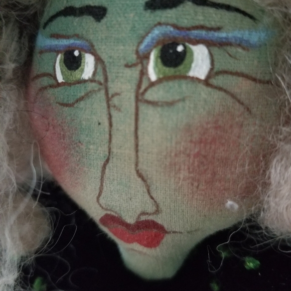 Folk Art Green Witch, Velvet Black Dress w/Painted on Pumpkins. - Picture 3 of 11